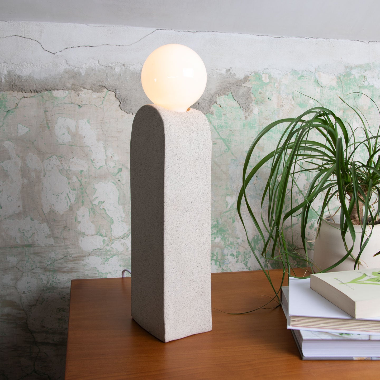 Denali Lamp on a wooden credenza with a stack of books and potted plant.