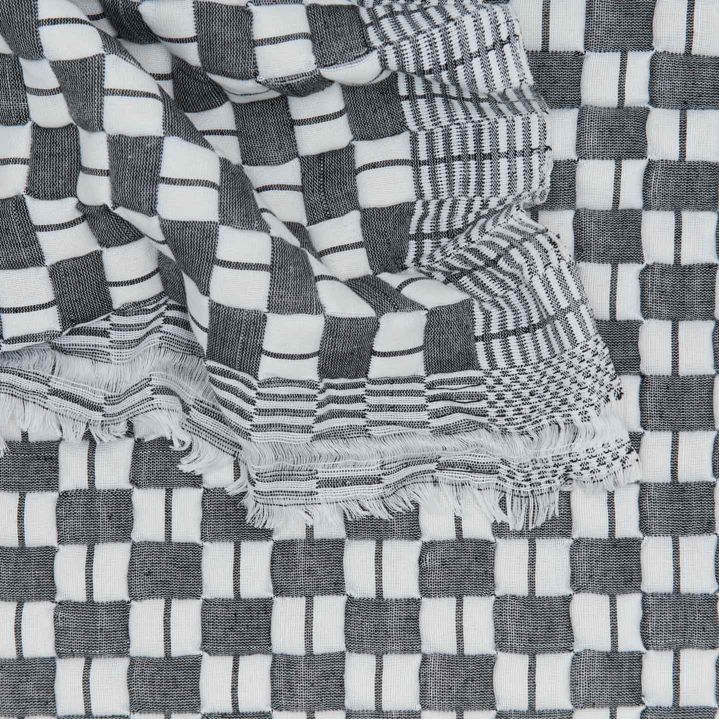 Texture detail of quilted checkered throw in black and white.
