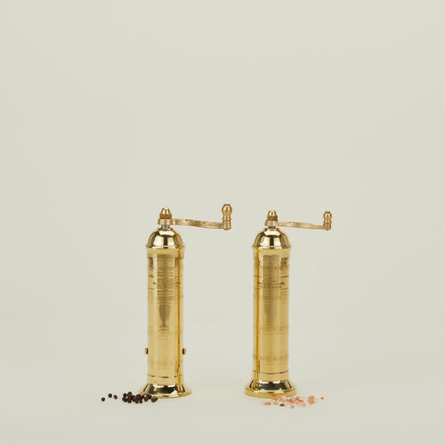 A pair of brass salt and pepper mills with spices.