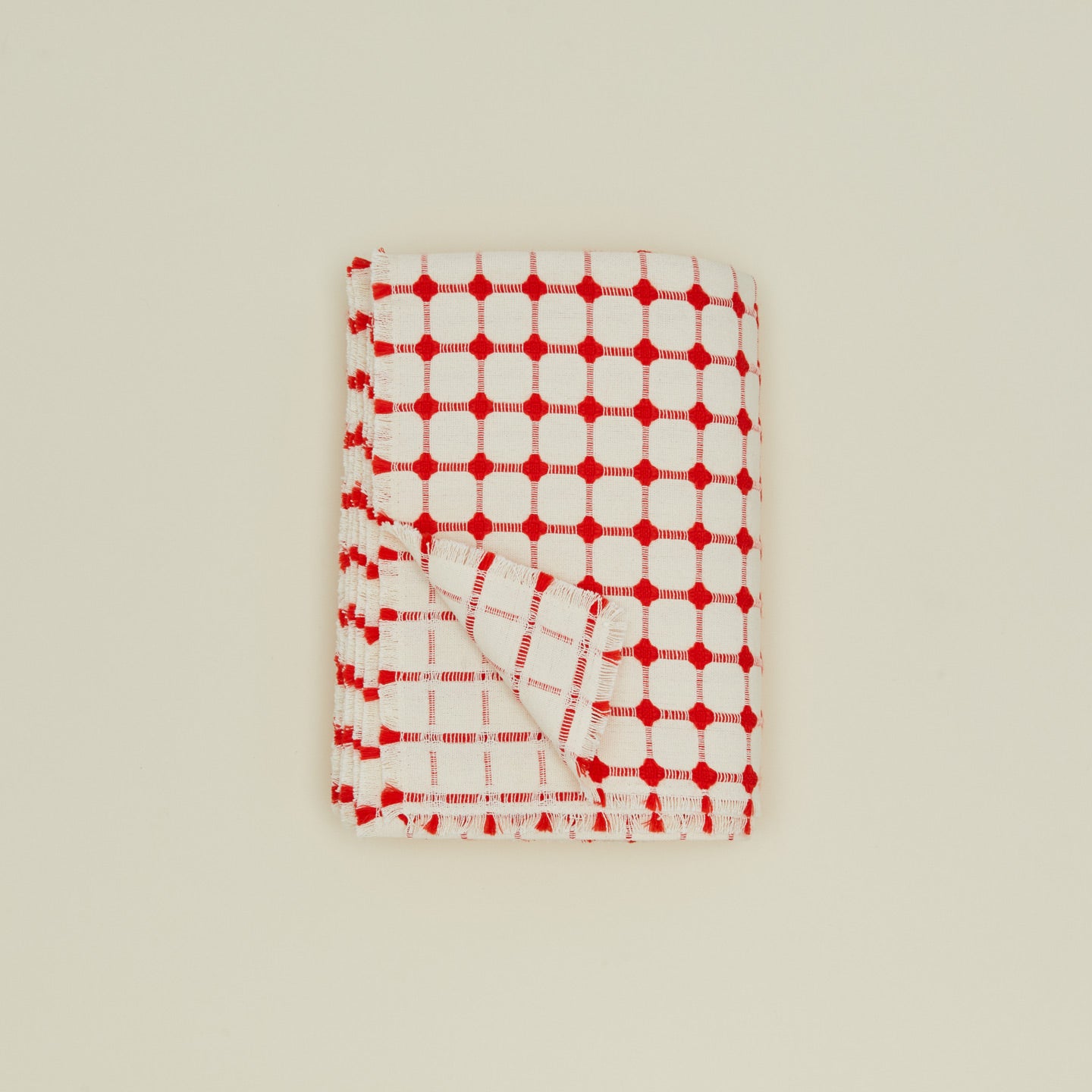Dove and Donkey wicker fringed tablecloth in cherry