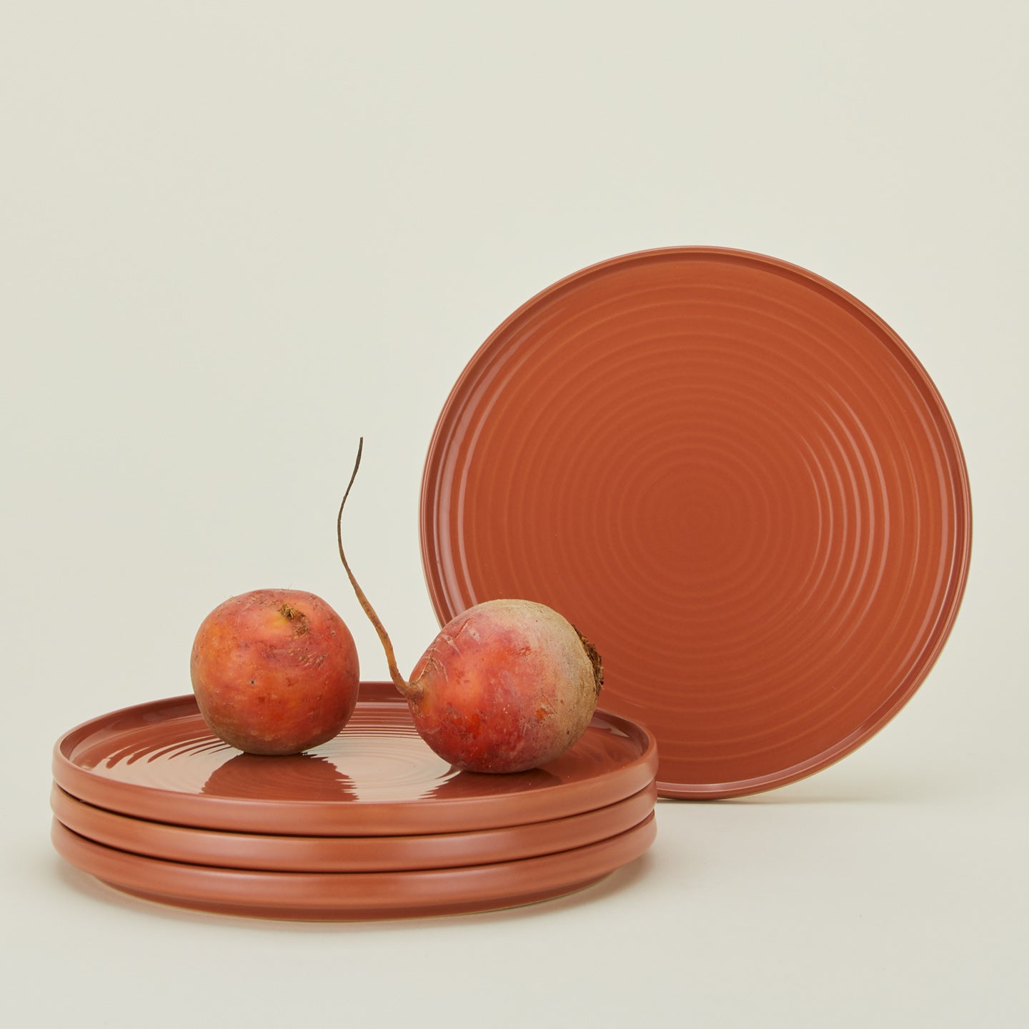 Set of 4 essential dinner plates in terracotta with radishes