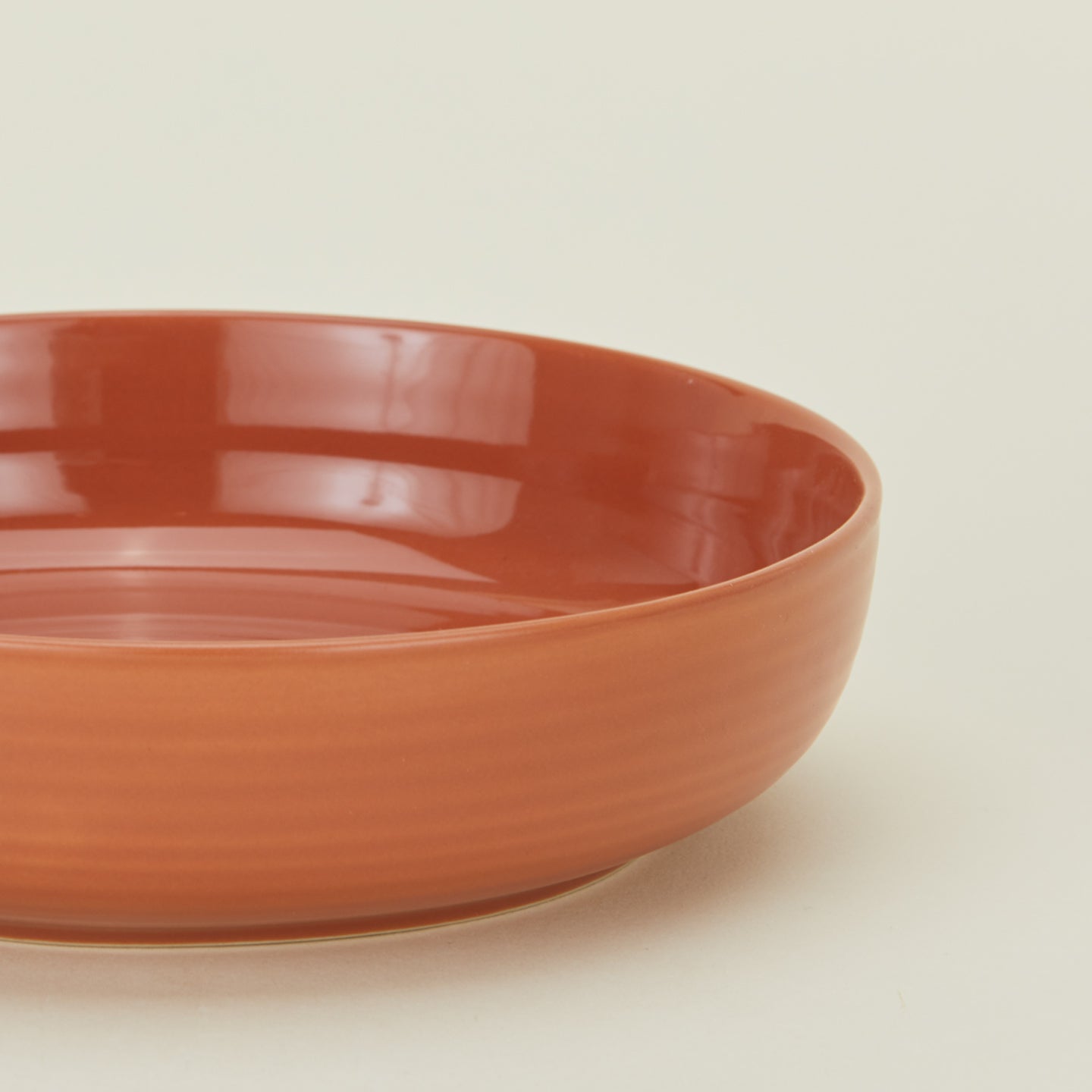 Close up of essential dinnerware low bowl in terracotta