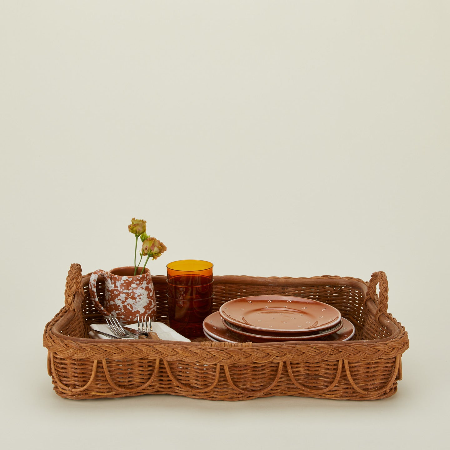 Hadley tray in natural with dinnerware and florals