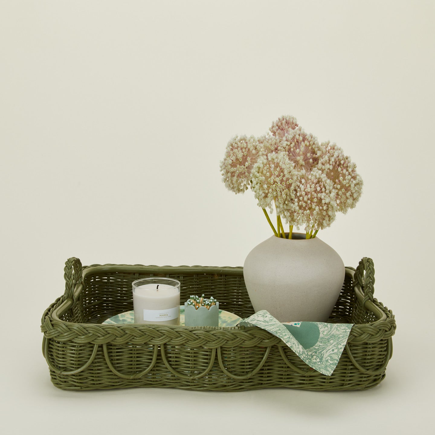 Hadley tray in olive with candles matches and florals in a vase