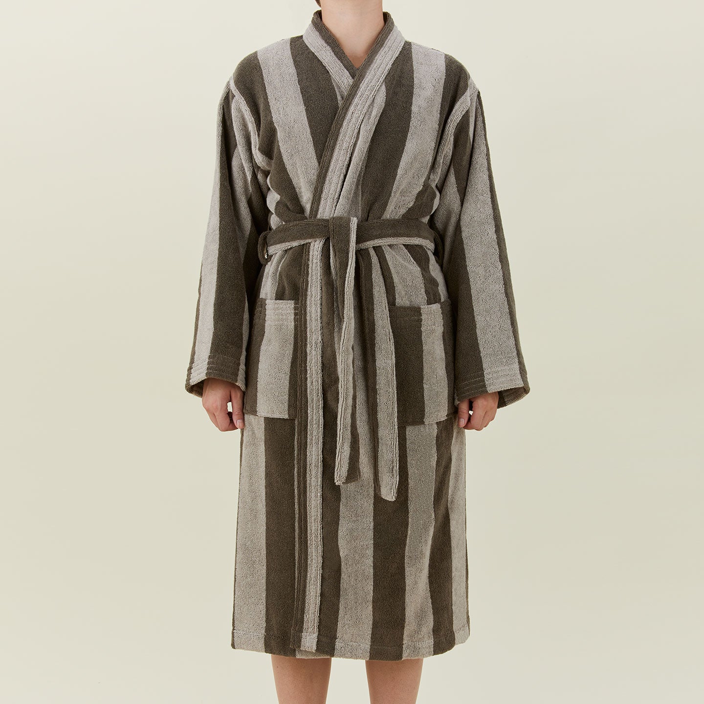 Simple Striped Terry Bathrobe - Light Grey/Dark Grey on model