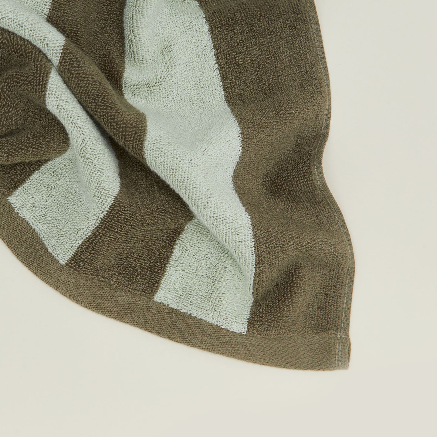 Close up of Simple Striped Terry Bath Mat in sage and olive.