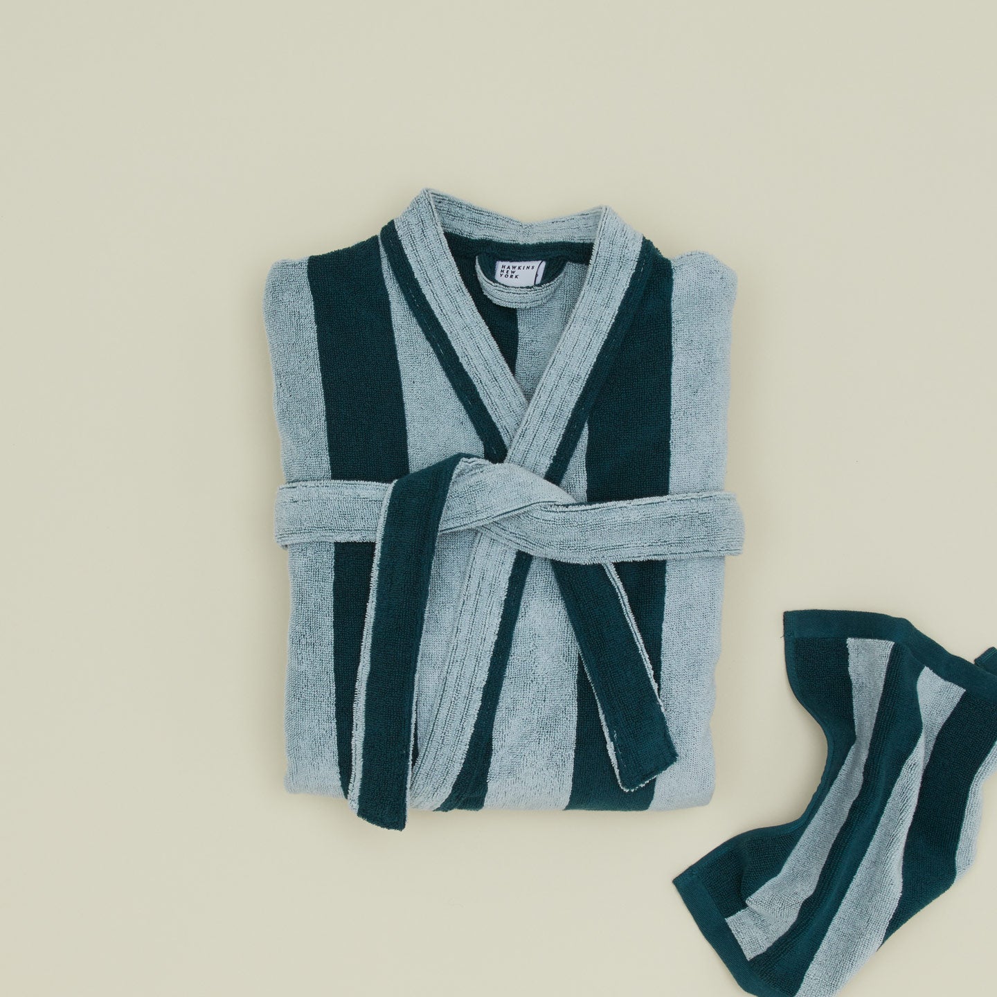 Folded Simple Striped Terry Bathrobe - Sky/Peacock with washcloth