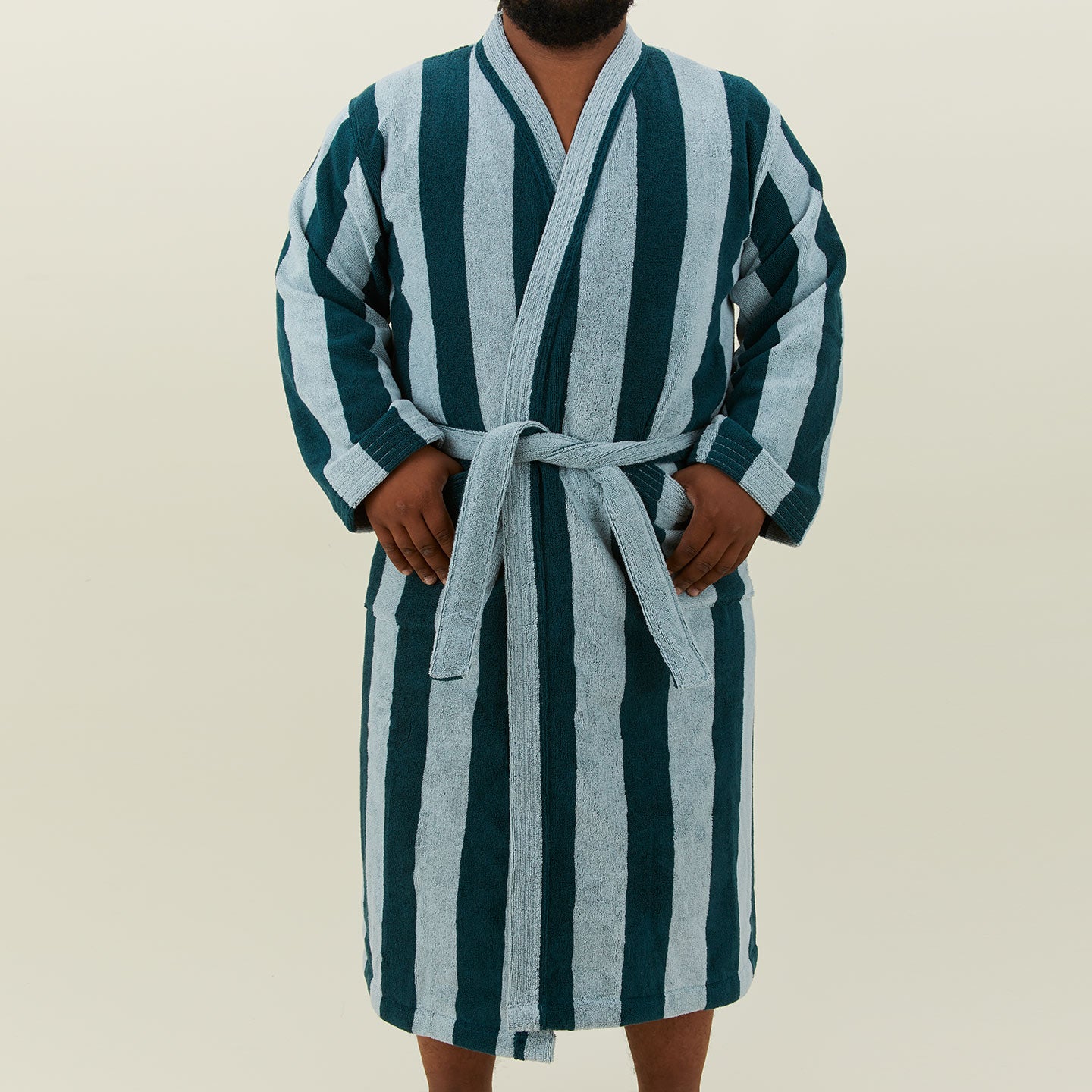 Simple Striped Terry Bathrobe - Sky/Peacock on model