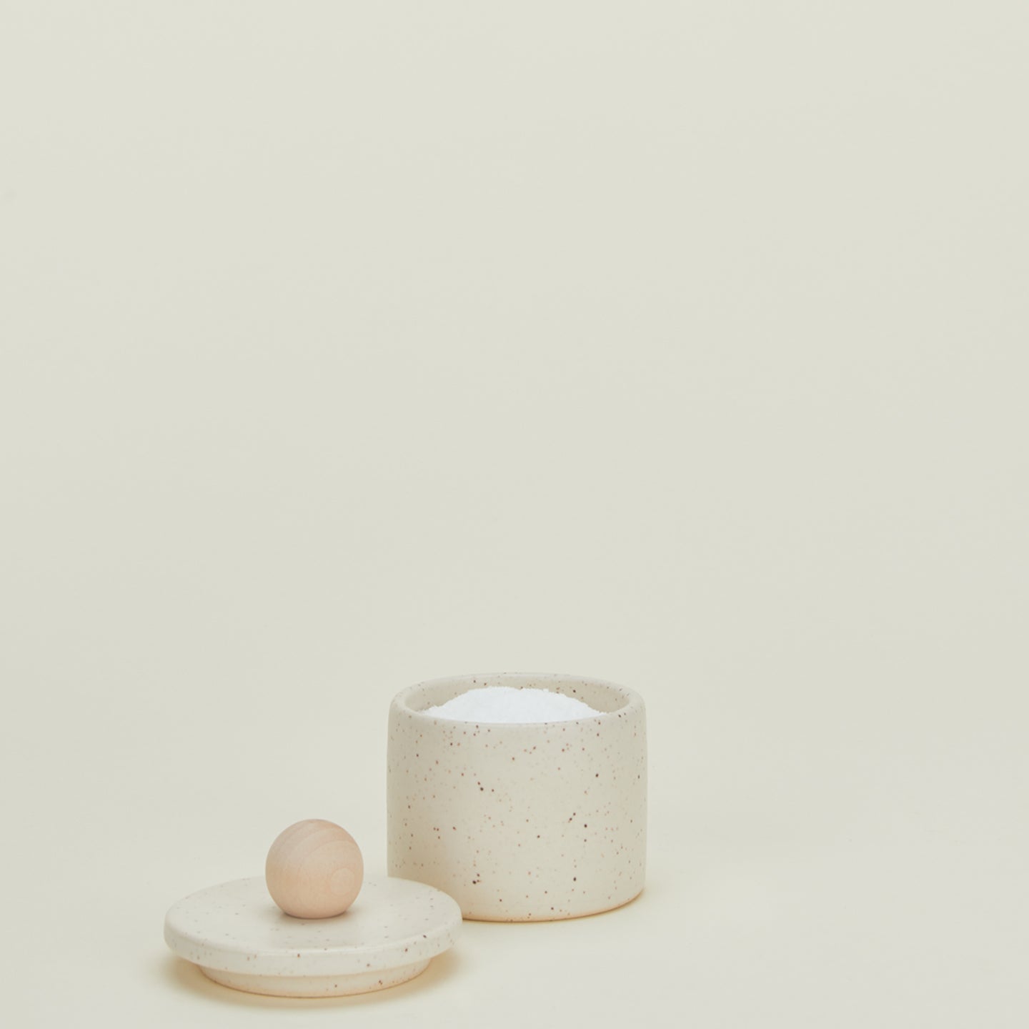 Speckled salt cellar with lid off