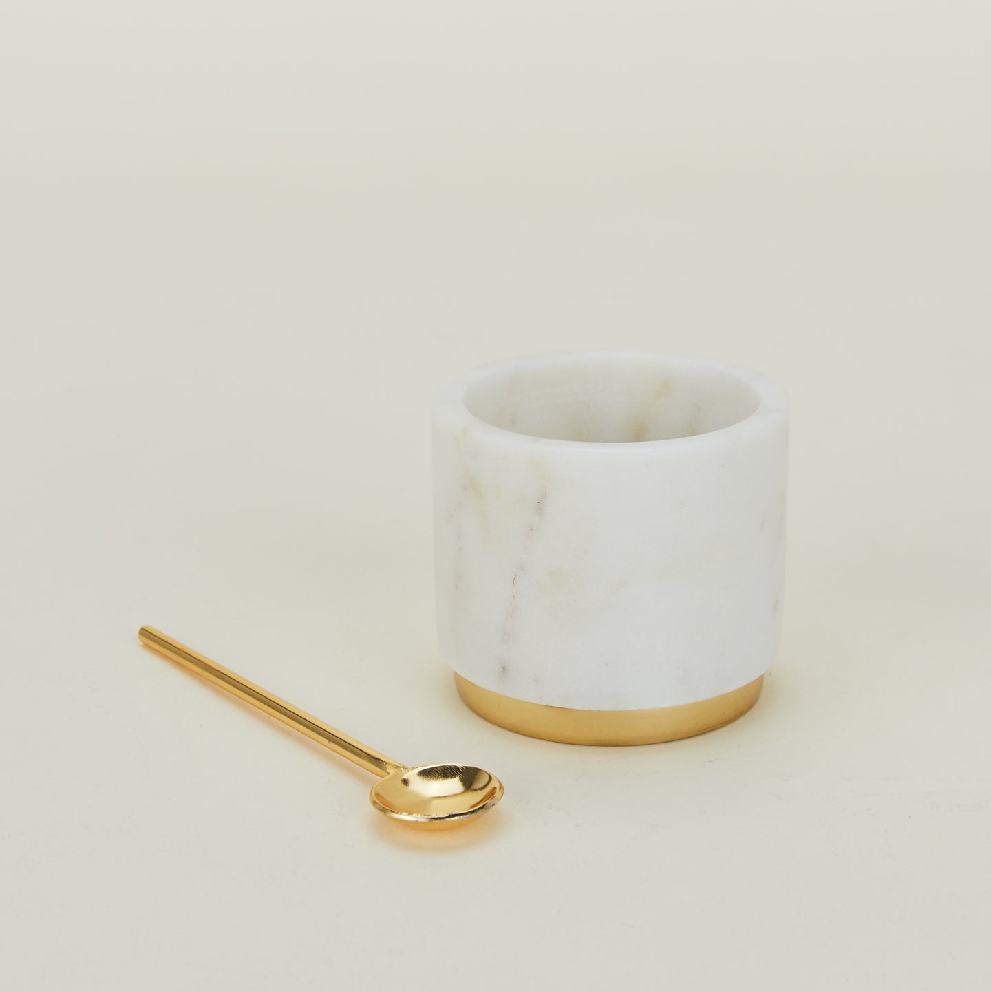 Simple Marble Sugar + Salt Dish with included small brass spoon.