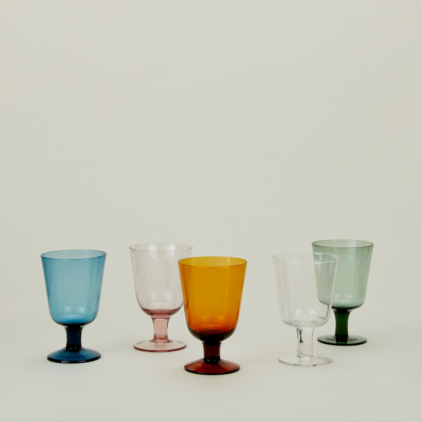 Group of Stemmed Wine Glasses in various colors.