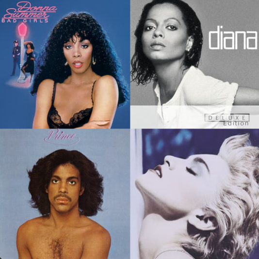 Album cover collage of Prince, Diana Ross, Madonna, and Donna Summer
