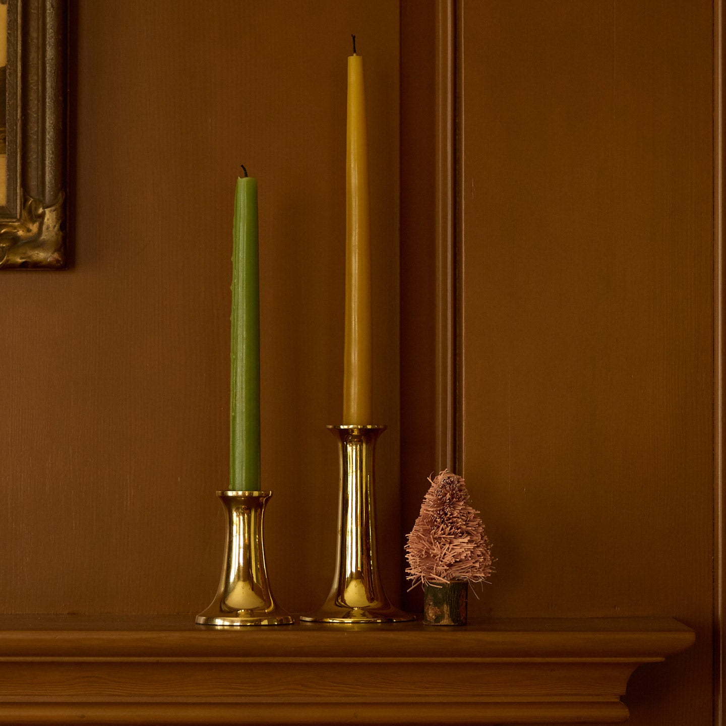 Bottlebrush tree on mantle with candlesticks