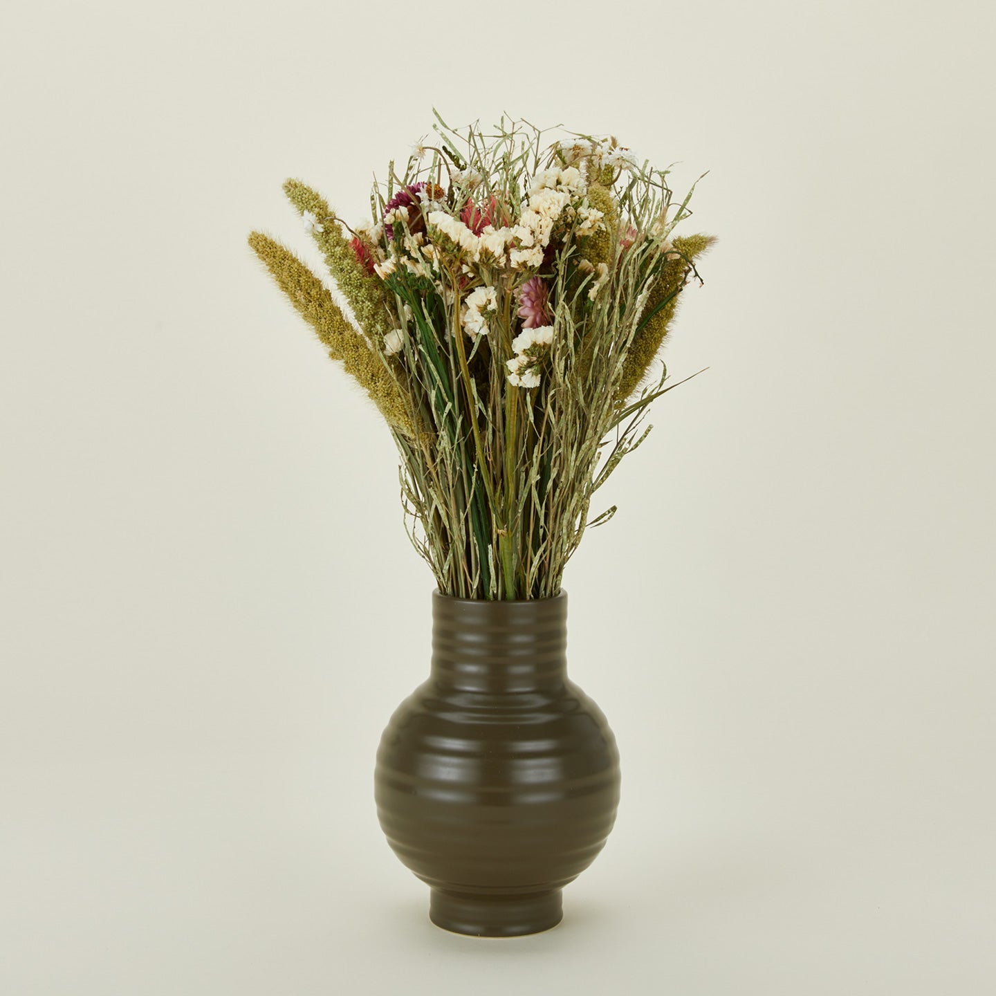 Dried Floral Bouquet - Pink Strawflower in a green vase