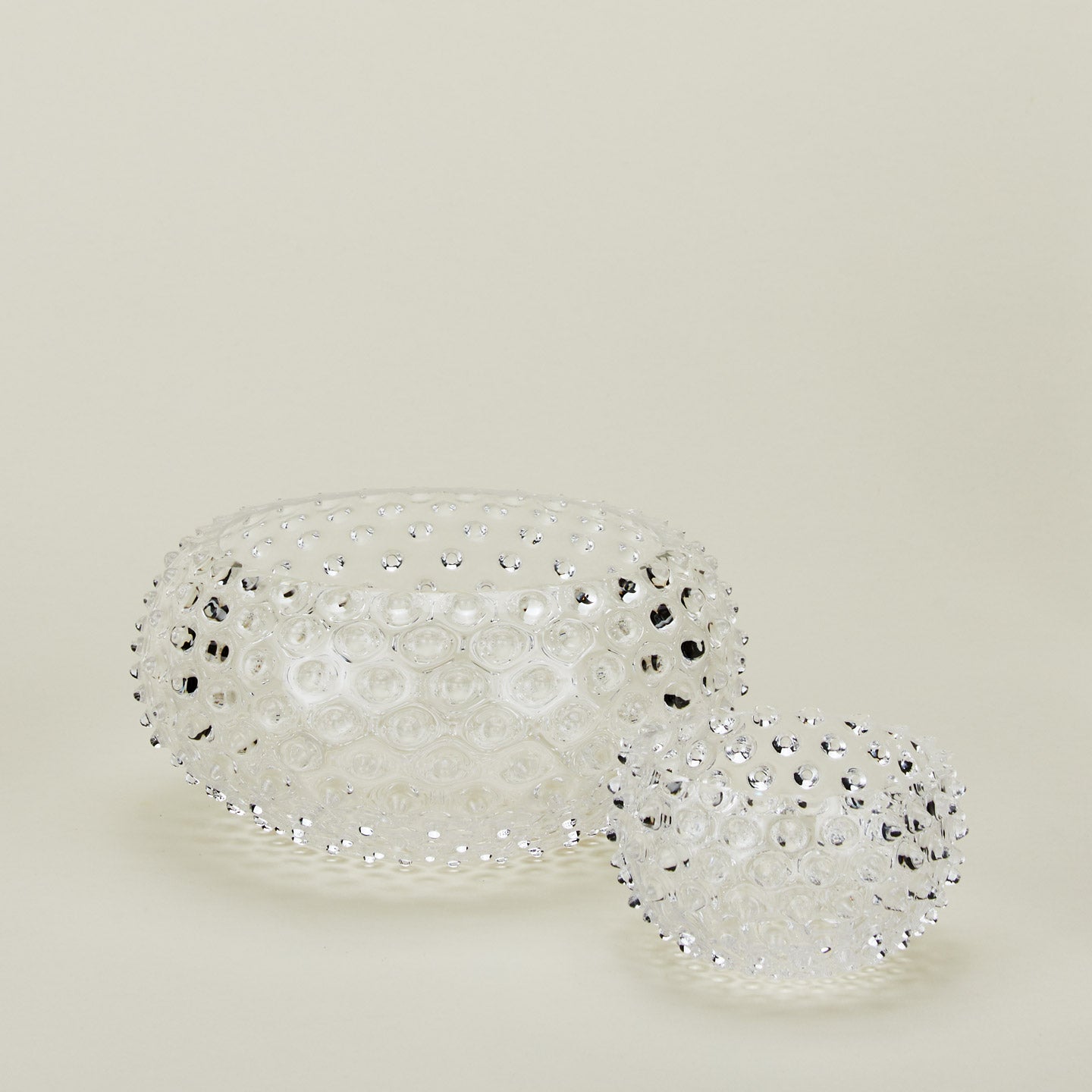 Glass hobnail clear serving and tapas bowls.