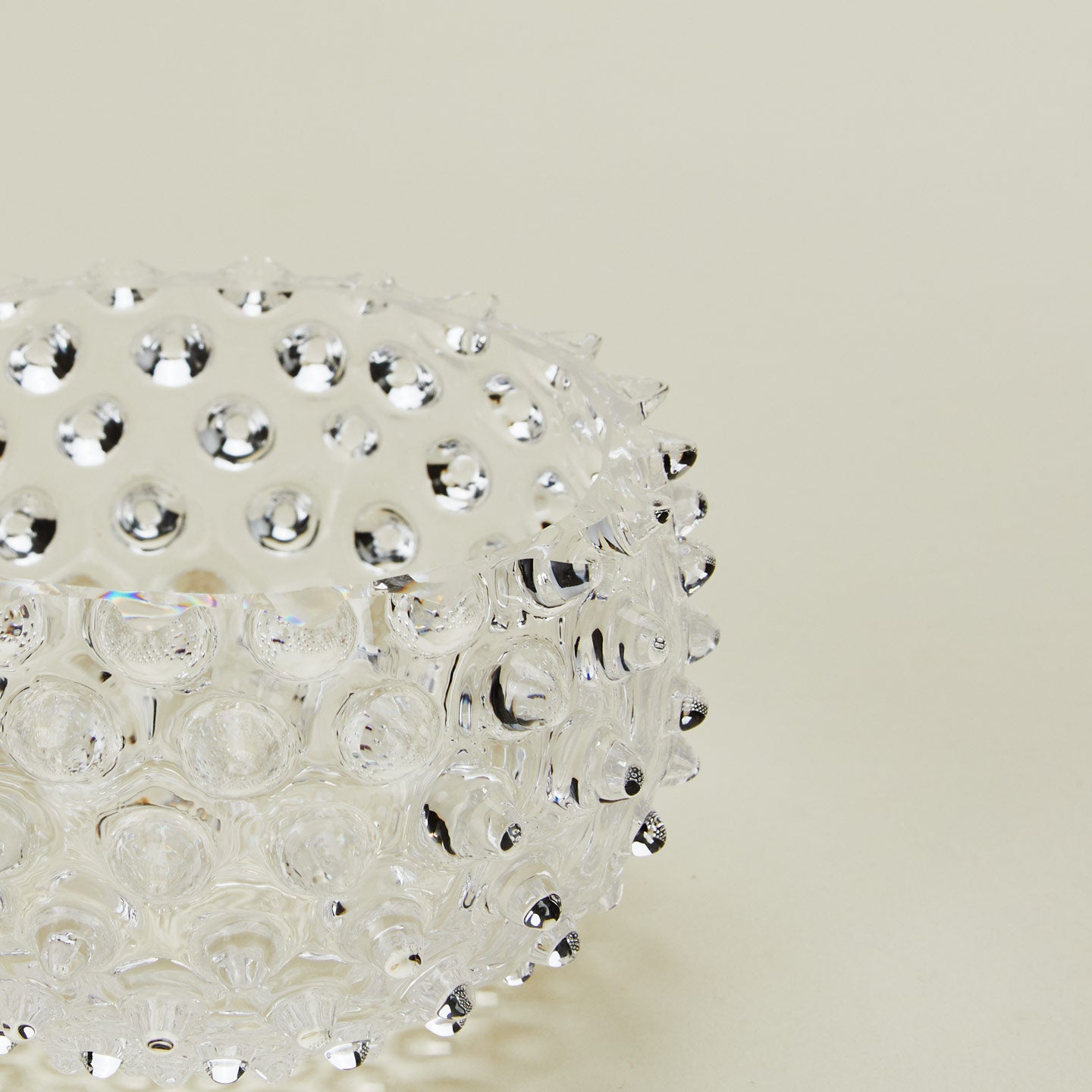Close up of glass hobnail clear tapas bowl.