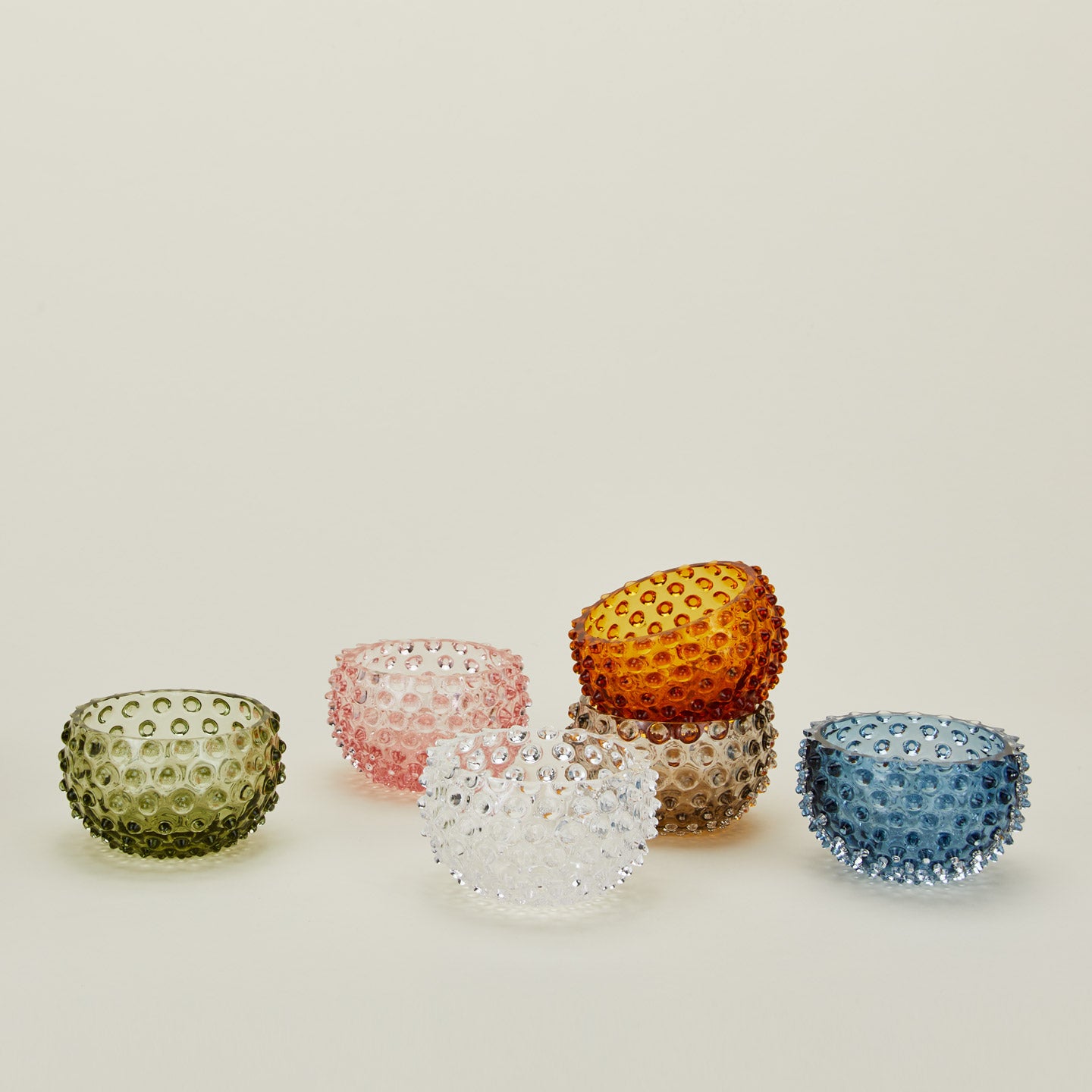 Glass hobnail tapas bowls in a variety of colors.