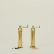 A pair of brass salt and pepper mills with peppercorns and coarse salt.