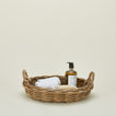 Medium Rattan tray with soap, washcloths, and soap pump