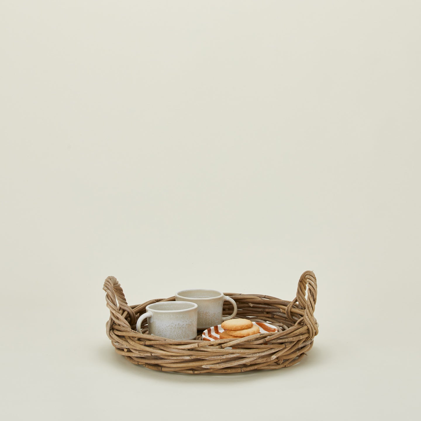 Small Rattan tray with cookies and mugs