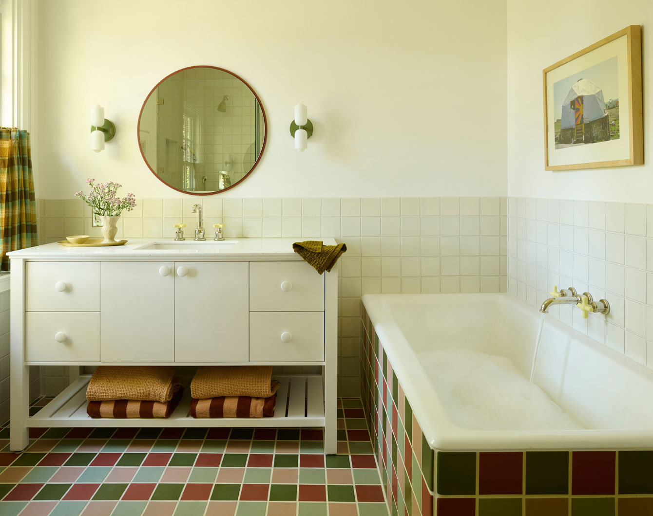 Bathroom with red and green tile 