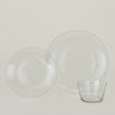 Group of Clear glass dinner plate, dinner plate and bowl.