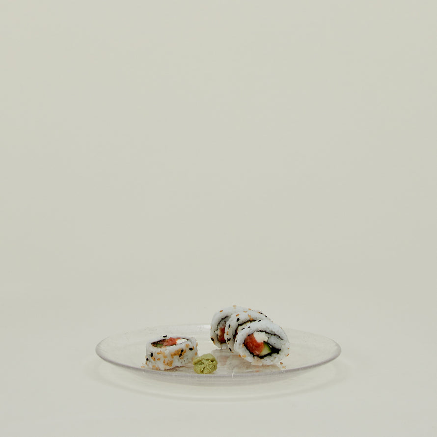 Glass Salad Plate in Clear, with sushi.
