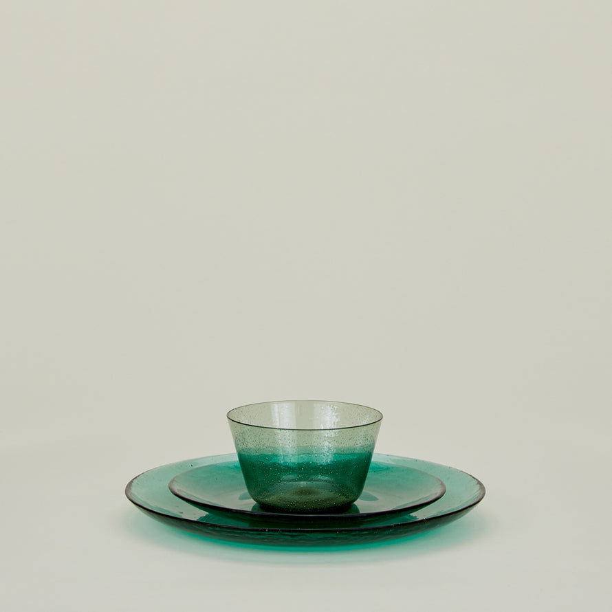 Group of Jade glass salad plate, dinner plate and bowl.