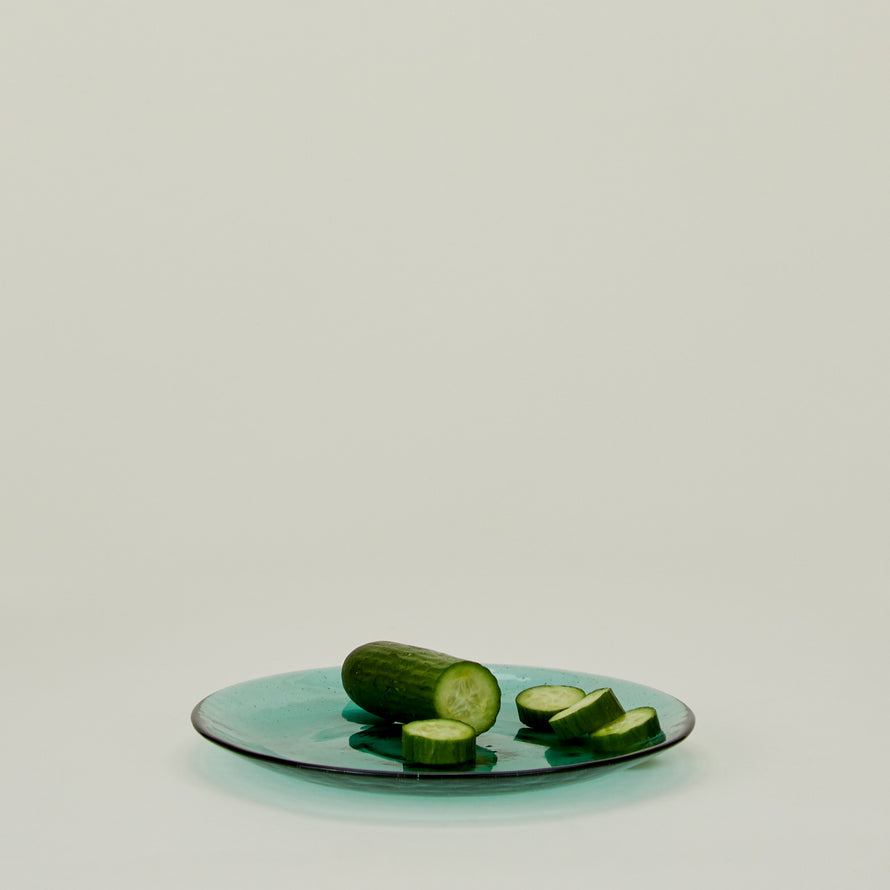 Glass Salad Plate in Jade, with cucumber.