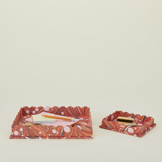 Marbleized Scalloped Tray, Set of 2 - Red Marble