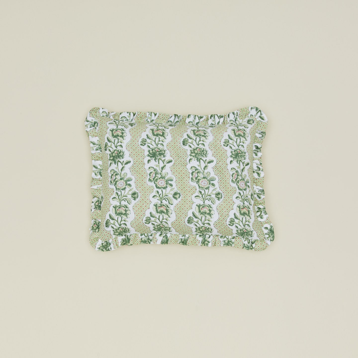 Block printed floral ruffled pillow in olive.