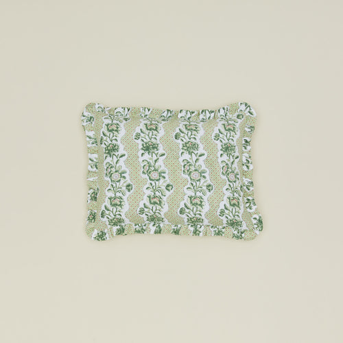 Block printed floral ruffled pillow in olive.
