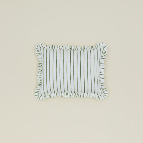 Block printed striped ruffled pillow in olive.