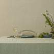 Table setting with a glass of white wine, plates, and a plant on a neutral background