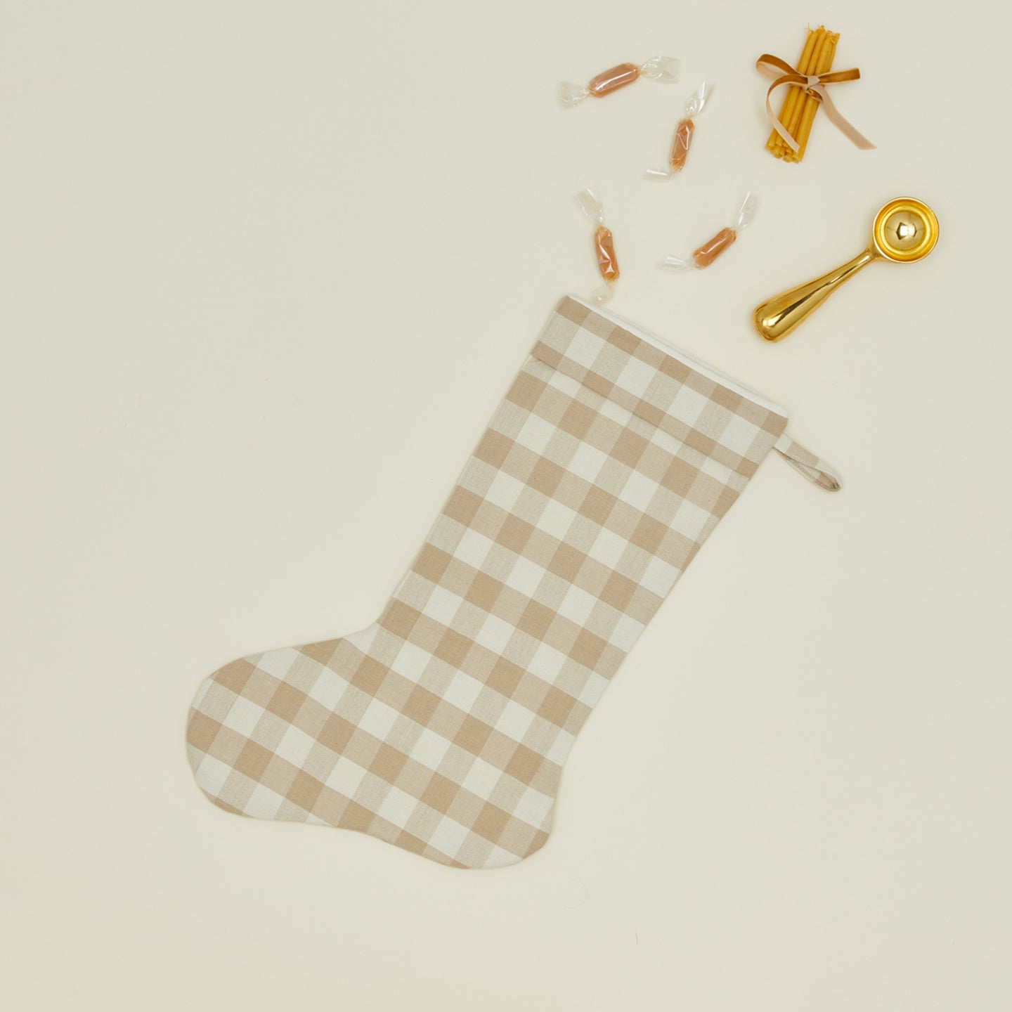 Essential Gingham Stocking - Ivory/Flax with candles, ice cream scoop, and candies