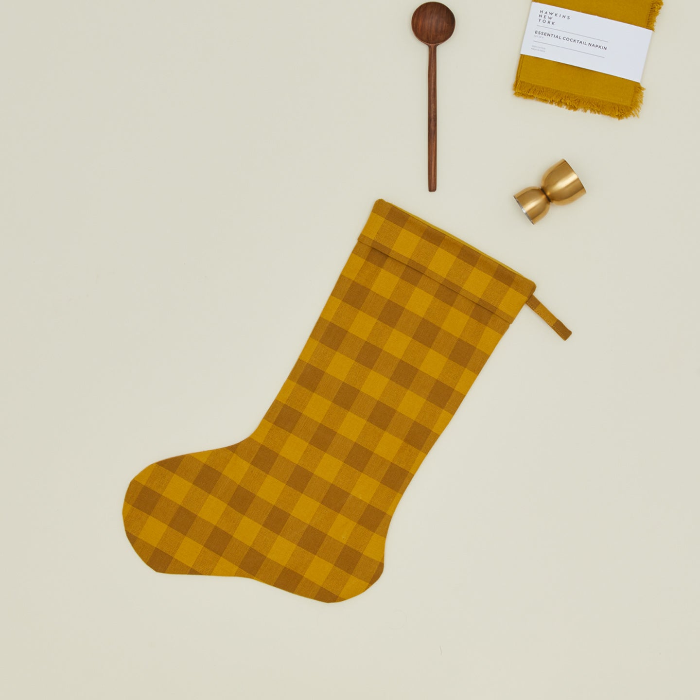 Essential Gingham Stocking - Mustard/Bronze with spoons, napkins and barware accessories