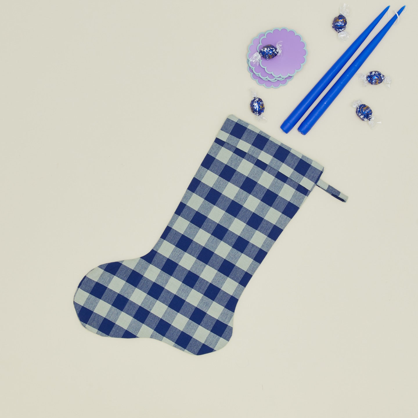 Essential Gingham Stocking - Sky/Blue with candles coasters and chocolates