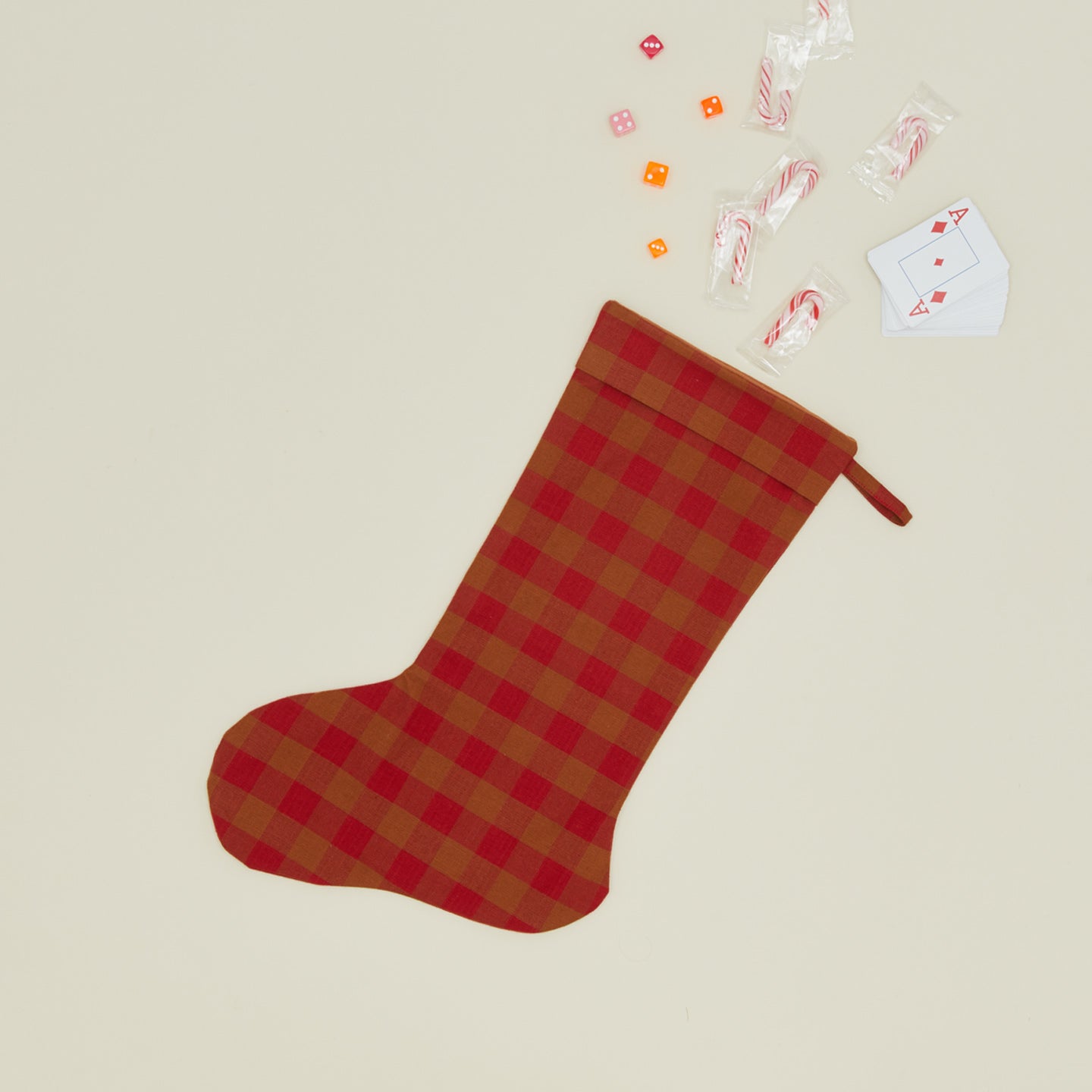 Essential Gingham Stocking - Terracotta/Red with candy and games