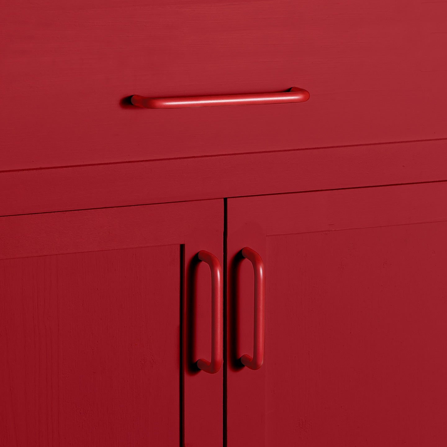 Essential drawer pulls in red in large and small on cabinet and drawer