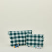 Essential gingham pouches in sky and peacock with thread and sewing notions
