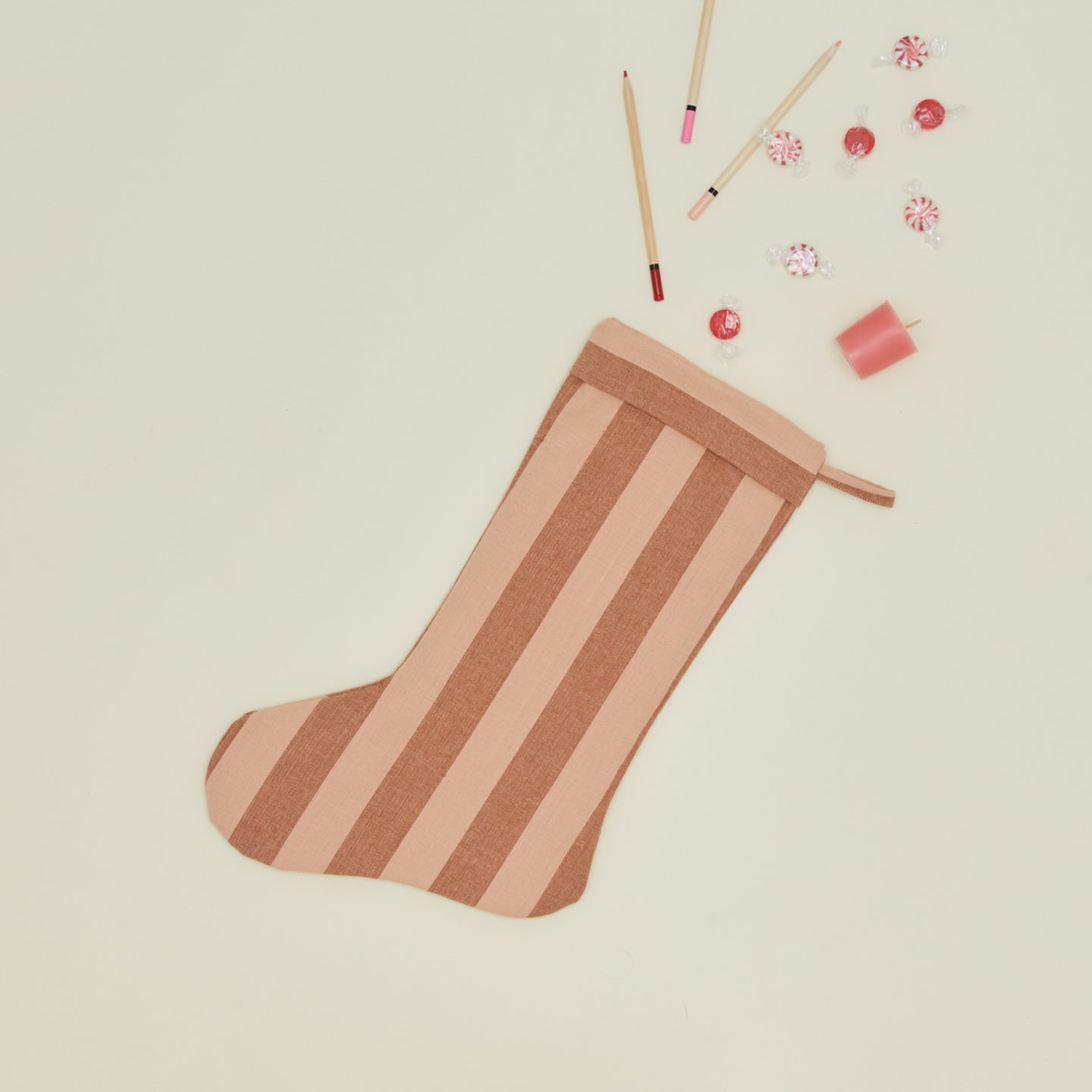 Essential Striped Stocking - Blush/Terracotta with pencils, candies and candles