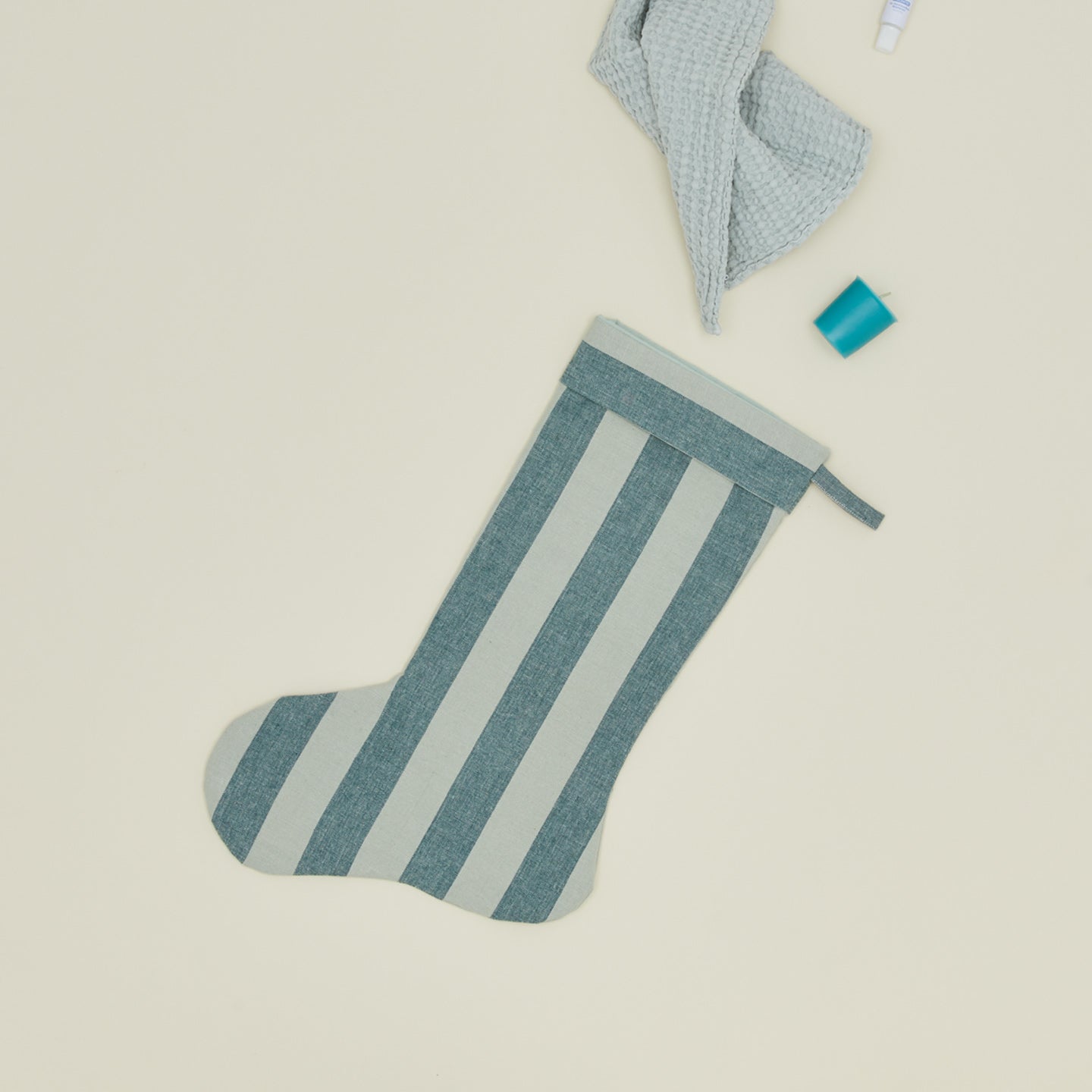 Essential Striped Stocking - Sky/Peacock with washcloth and candle