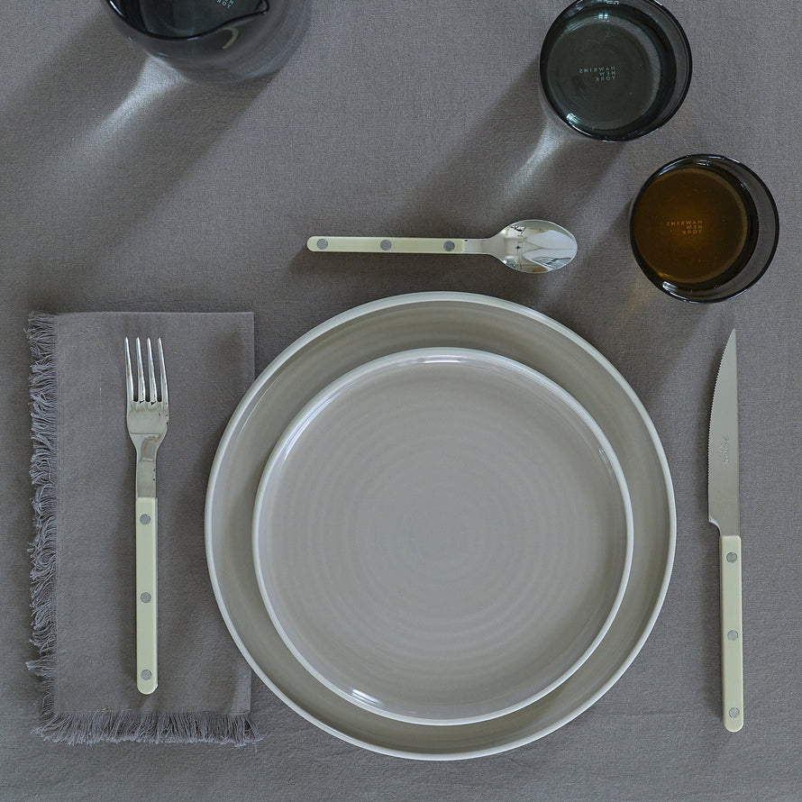Placesetting on Essential Striped Tablecloth in Dark Grey.