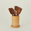 Teak utensil family in wooden crock