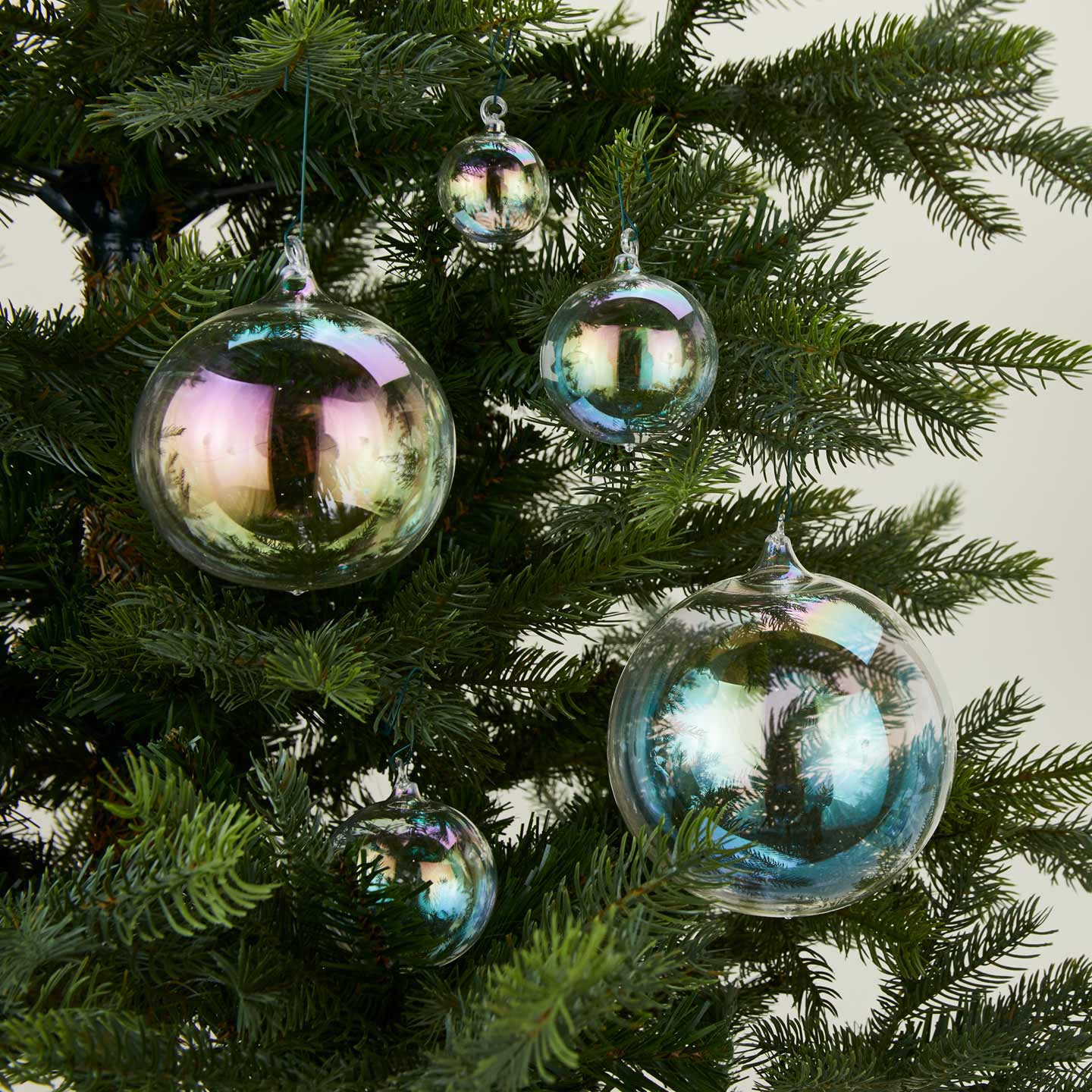 Iridescent ornament family on tree.