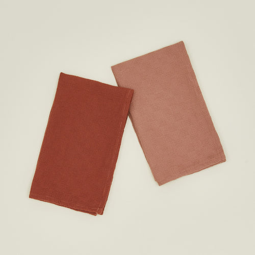 Woven stripe kitchen towels in blush and terracotta