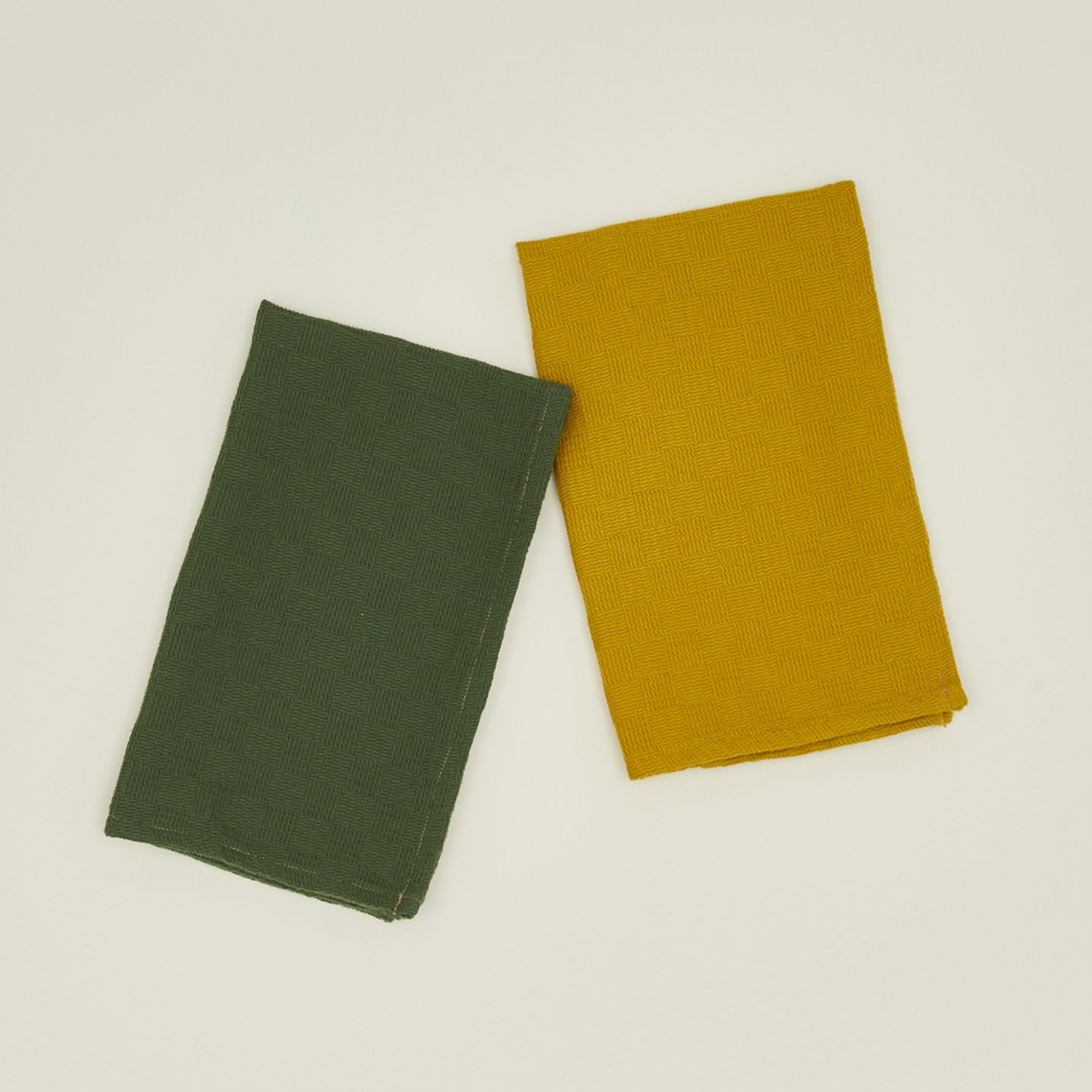 Woven stripe kitchen towels in mustard and olive