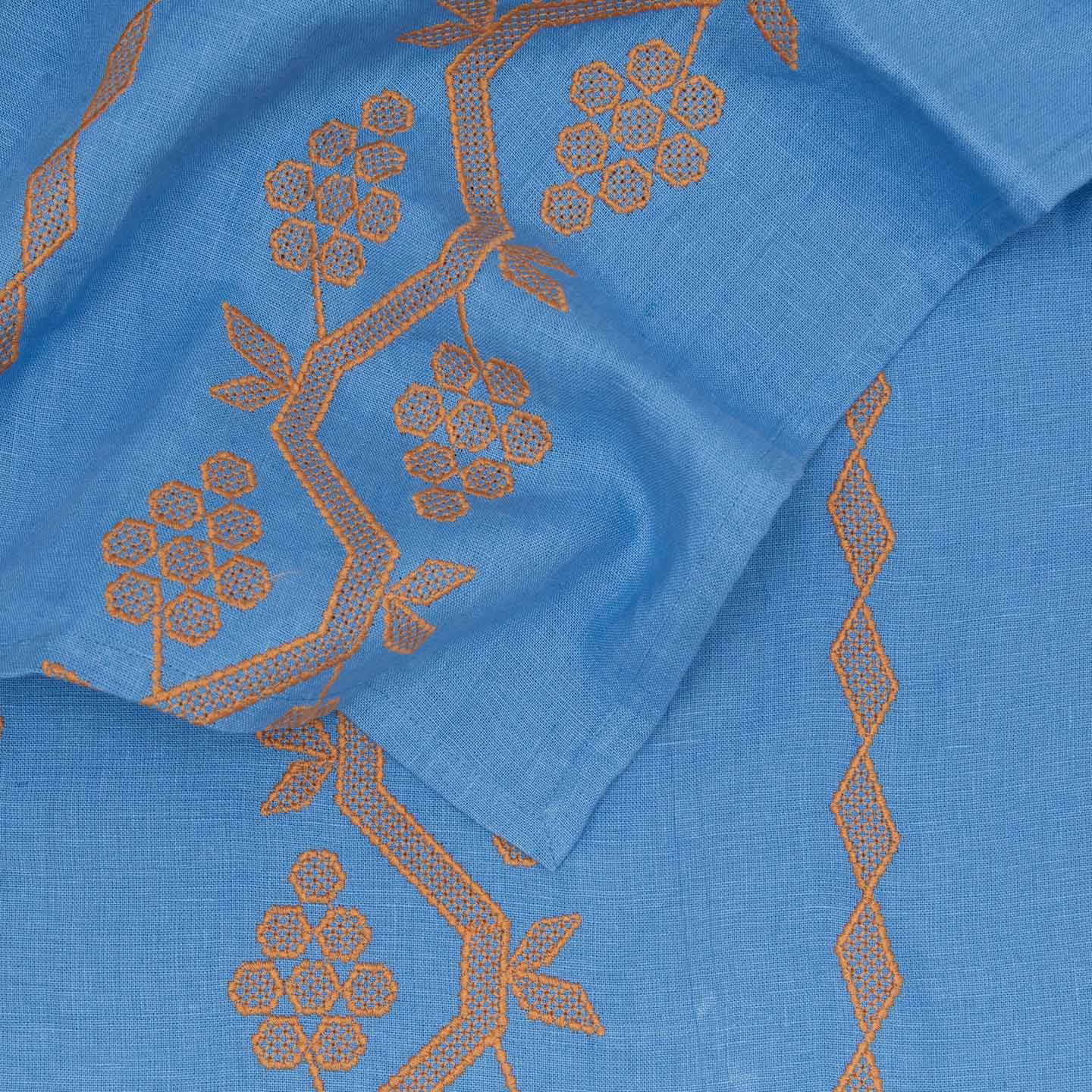 Close up view of napa tablecloth in blue