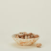 Splatter low bowl in tan and ivory with mushrooms