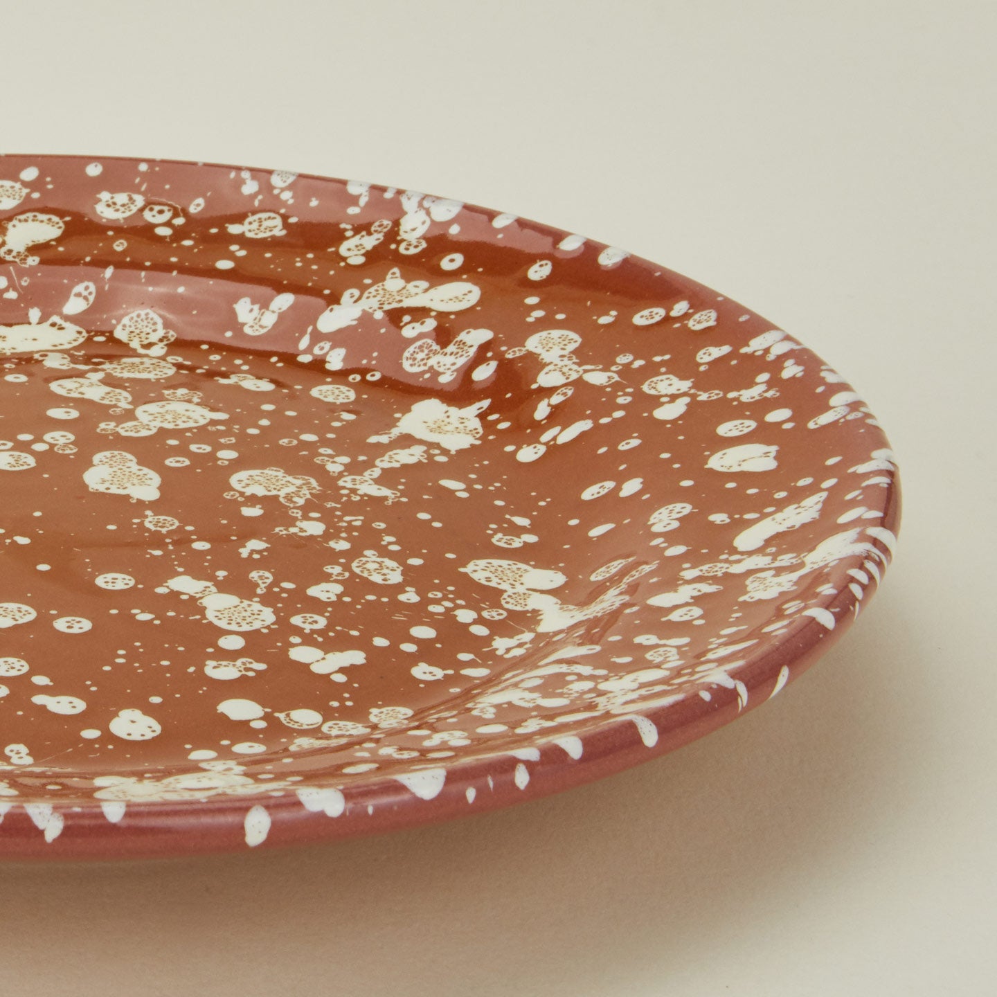 Close up view of Splatter dinner plate in terracotta and ivory